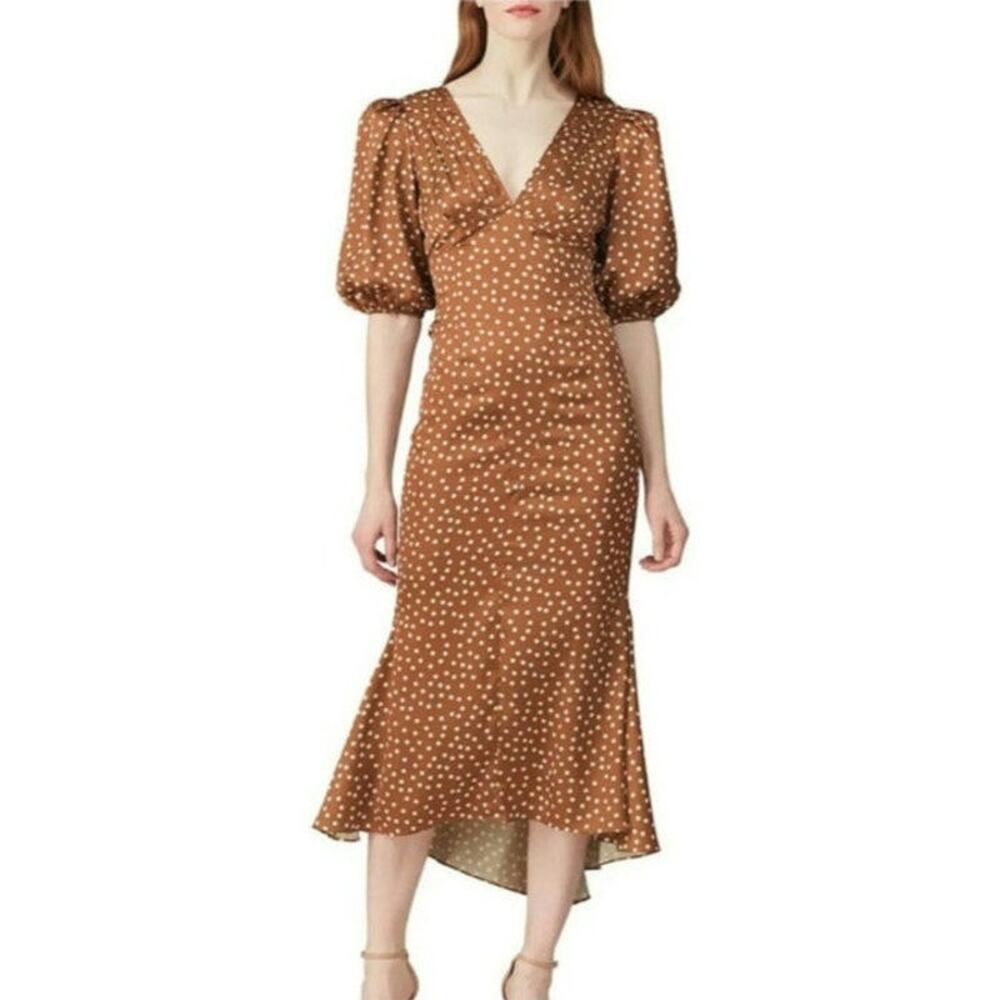 Ronny Kobo Polka Dot Puff Sleeve Midi Dress Brown White A-Line Hi Low XS